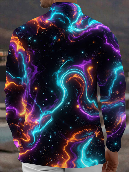 Adaychic Men's Long Sleeve Shirt - Abstract Cosmic Nebula And Swirling Colors Print with Chest Pocket
