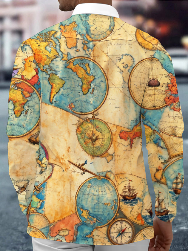 Adaychic Men's Vintage Map And Compass Print Long Sleeve Shirt with Chest Pocket