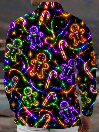Adaychic Men's Graphic Neon Gingerbread Man Print Long Sleeve Shirt with Chest Pocket