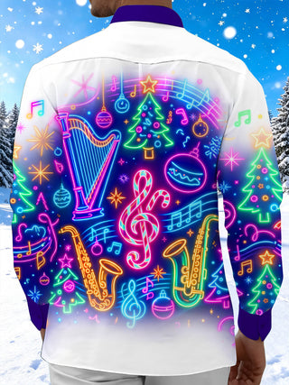 Adaychic Men's Long Sleeve Shirt - Neon Musical Instruments And Christmas Ornaments Print with Chest Pocket