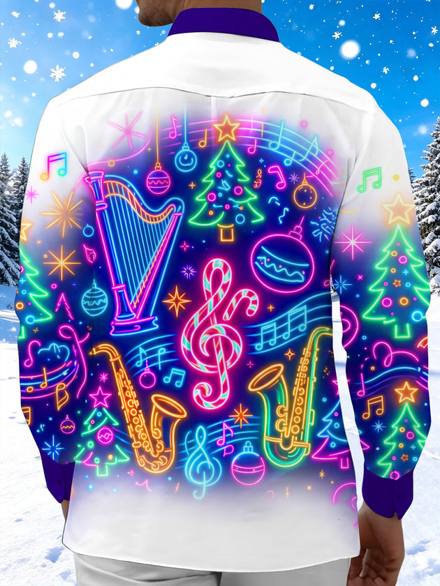 Adaychic Men's Long Sleeve Shirt - Neon Musical Instruments And Christmas Ornaments Print with Chest Pocket