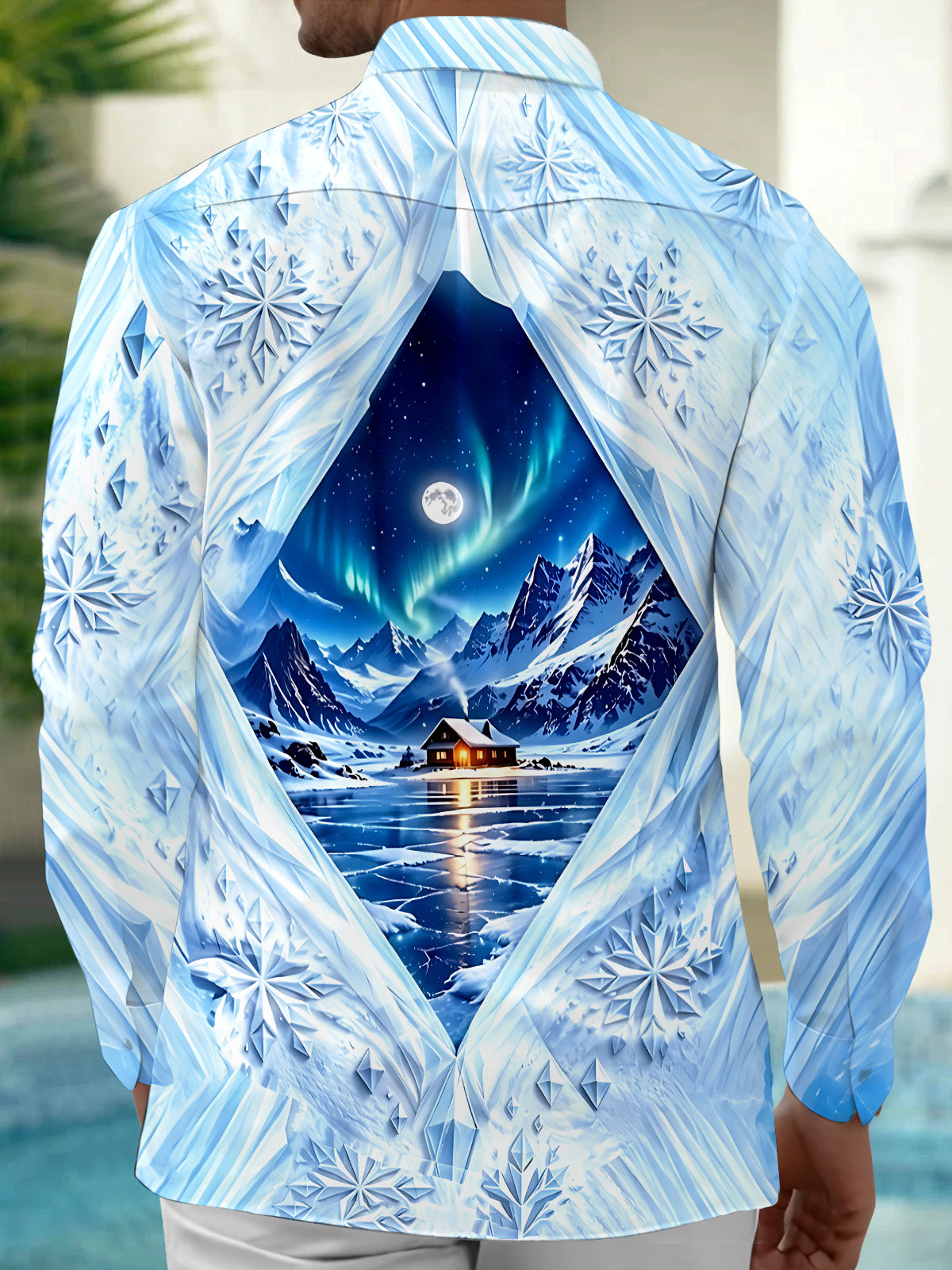 Adaychic Men's Winter Arctic Cabin And Aurora Borealis Print Long Sleeve Shirt with Chest Pocket