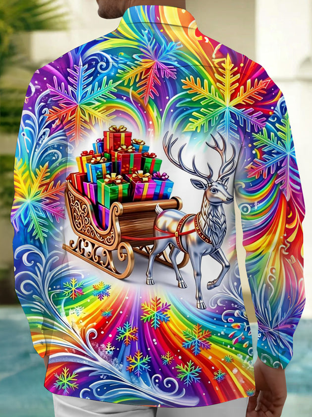 Adaychic Men's Graphic Rainbow Snowflakes Print Long Sleeve Shirt with Chest Pocket