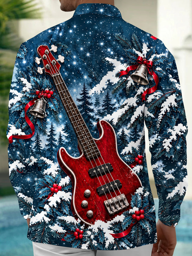 Adaychic Men's Long Sleeve Shirt - Christmas Snowy Forest And Holly Print Red Bass Guitar Print with Chest Pocket
