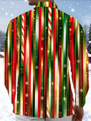 Adaychic Men's Striped Christmas Stripes Print Long Sleeve Shirt with Chest Pocket