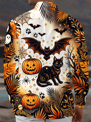 Adaychic Men's Halloween Black Cats And Pumpkins Print Long Sleeve Shirt with Chest Pocket