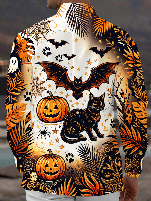 Adaychic Men's Halloween Black Cats And Pumpkins Print Long Sleeve Shirt with Chest Pocket