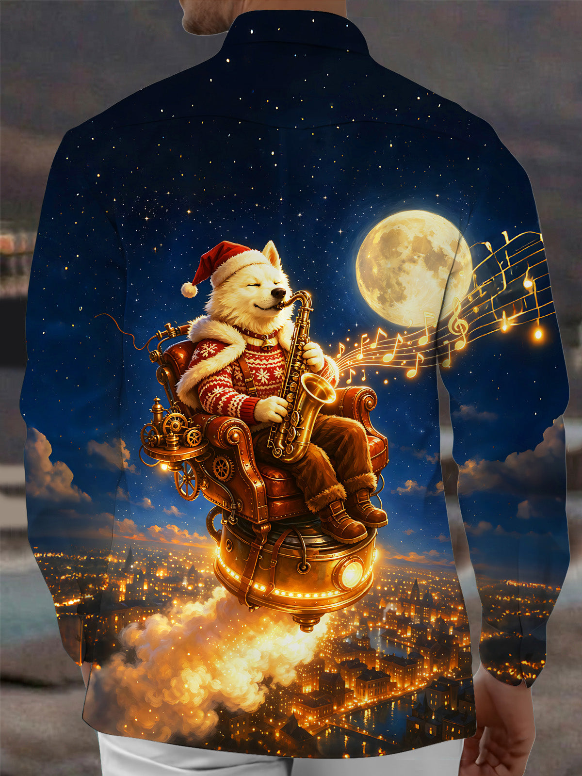 Adaychic Star Sky Christmas Saxophone Dog Men's Pocket Long Sleeve Shirts