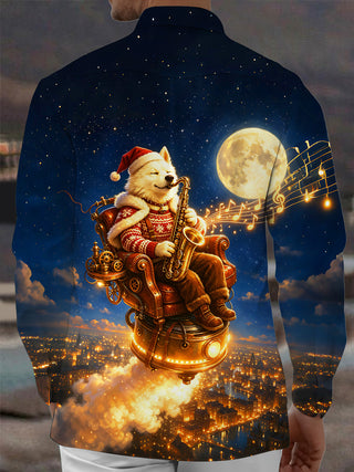 Adaychic Star Sky Christmas Saxophone Dog Men's Pocket Long Sleeve Shirts