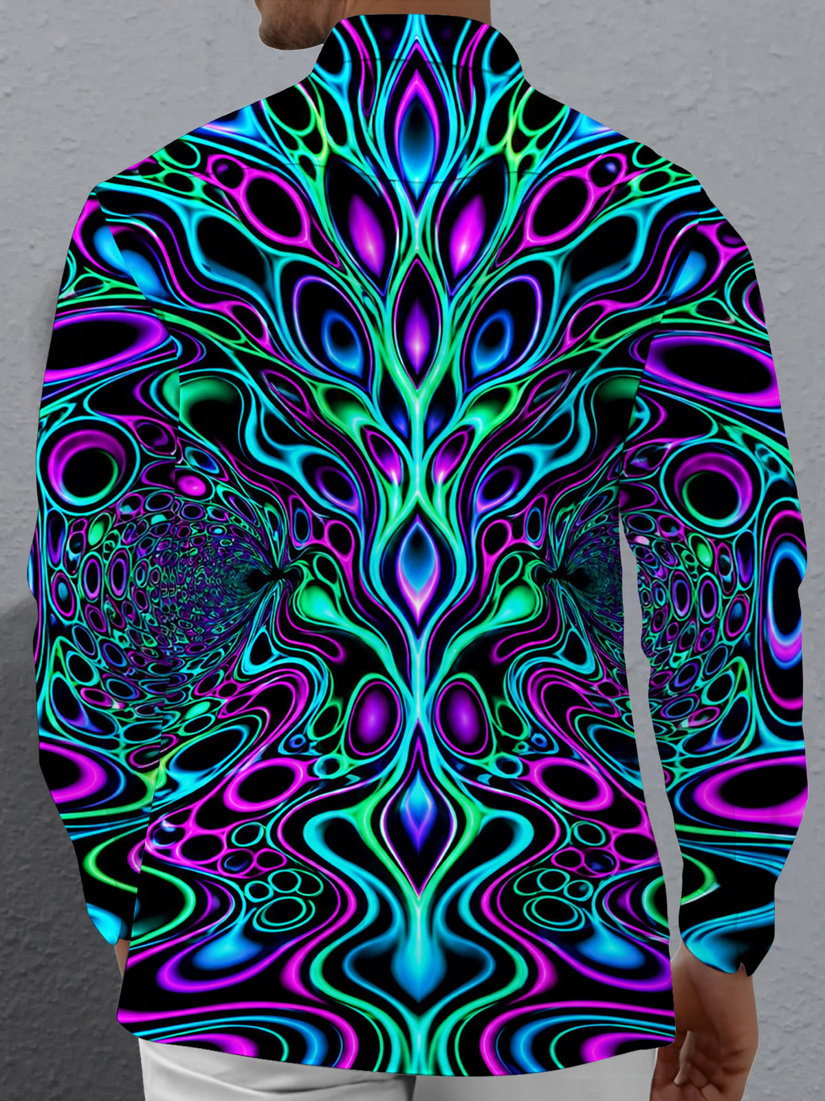 Adaychic Men's Psychedelic Abstract Fractal Patterns Print Long Sleeve Shirt with Chest Pocket