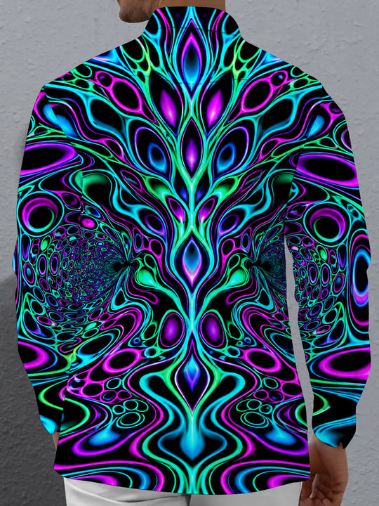 Adaychic Men's Psychedelic Abstract Fractal Patterns Print Long Sleeve Shirt with Chest Pocket