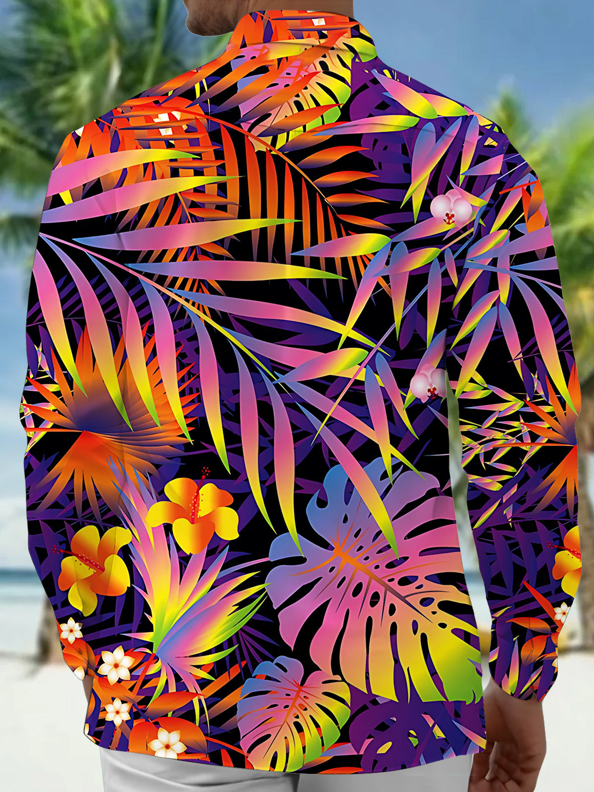Adaychic Men's Neon Gradient Tropical Leaves Print Long Sleeve Shirt with Chest Pocket