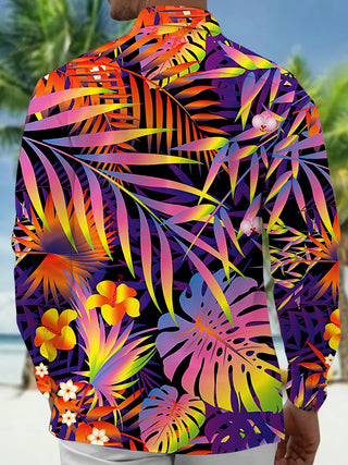 Adaychic Men's Neon Gradient Tropical Leaves Print Long Sleeve Shirt with Chest Pocket