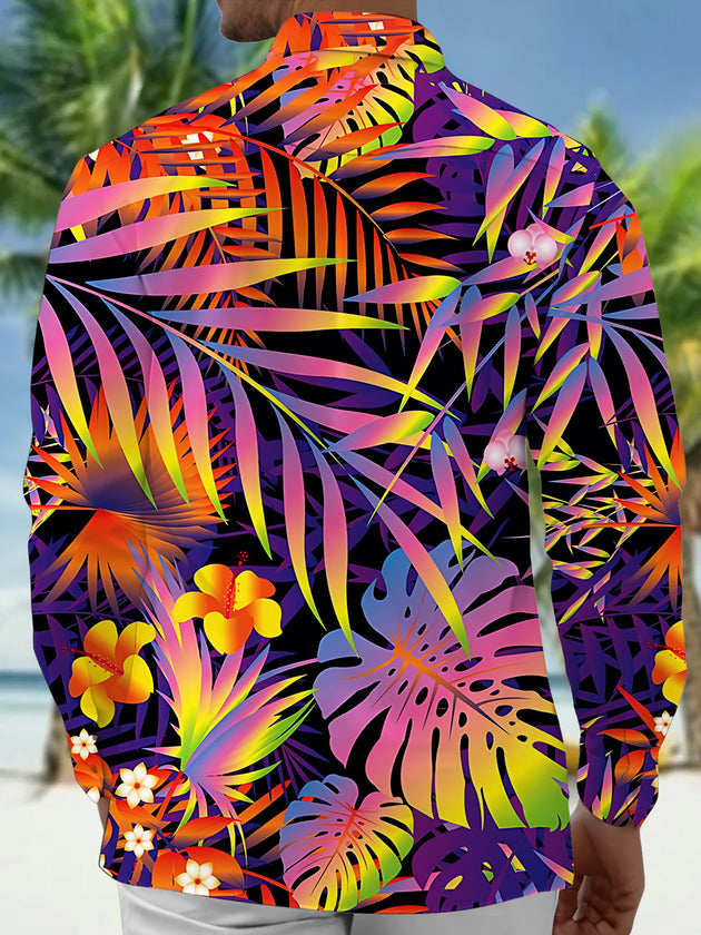 Adaychic Men's Neon Gradient Tropical Leaves Print Long Sleeve Shirt with Chest Pocket