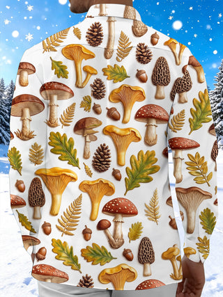 Adaychic Men's Printed Forest Mushroom Print Acorn Print Long Sleeve Shirt with Chest Pocket