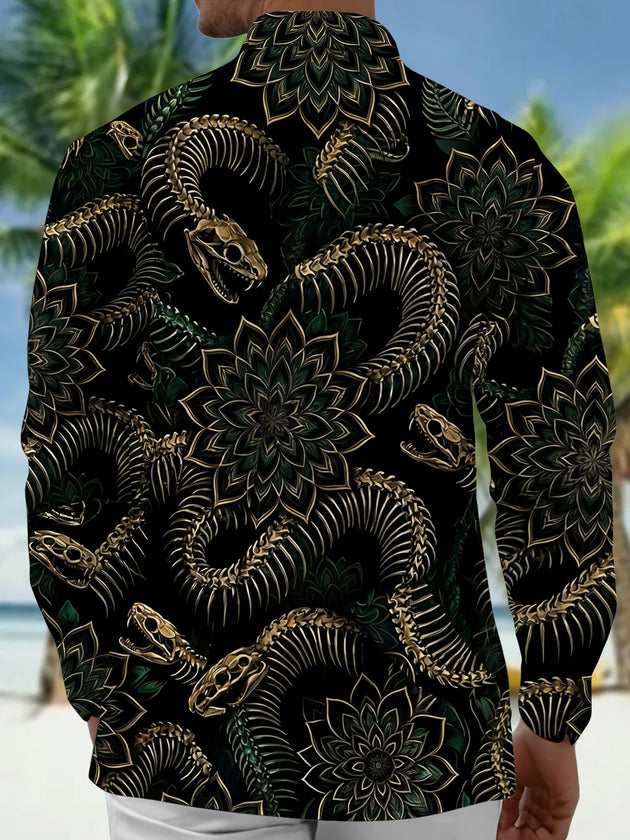 Adaychic Men's Snake Skeleton And Floral Mandala Print Long Sleeve Shirt with Chest Pocket