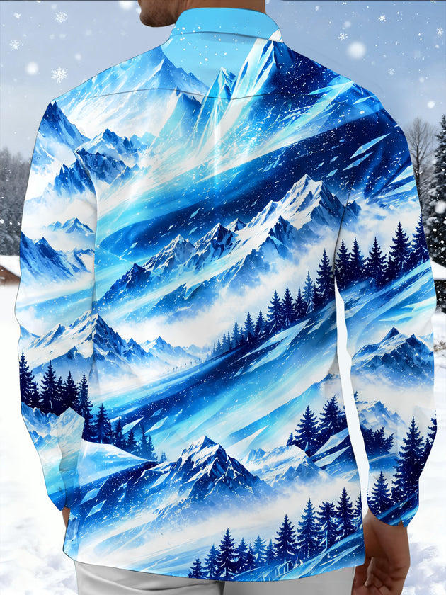 Adaychic Men's Printed Snowy Mountains And Pine Forest Print Long Sleeve Shirt with Chest Pocket