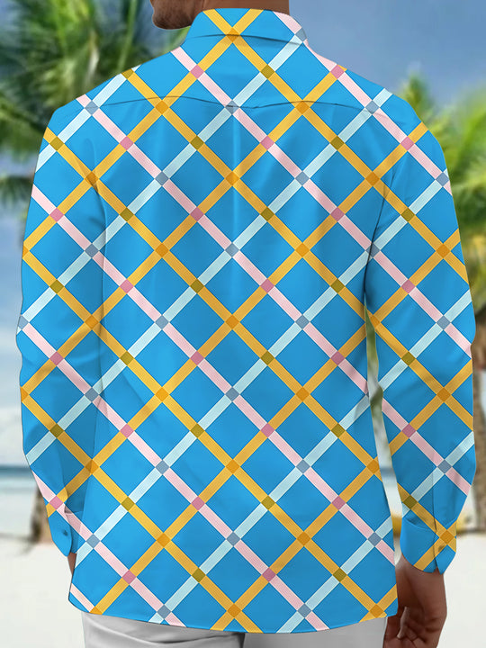 Adaychic Men's Patterned Colorful Grid Pattern Long Sleeve Shirt with Chest Pocket