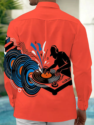 Adaychic Men's Graphic DJ Silhouette And Vinyl Records Print Long Sleeve Shirt with Chest Pocket