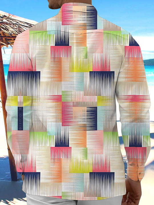 Adaychic Men's Printed Geometric Gradient Blocks Print Long Sleeve Shirt with Chest Pocket