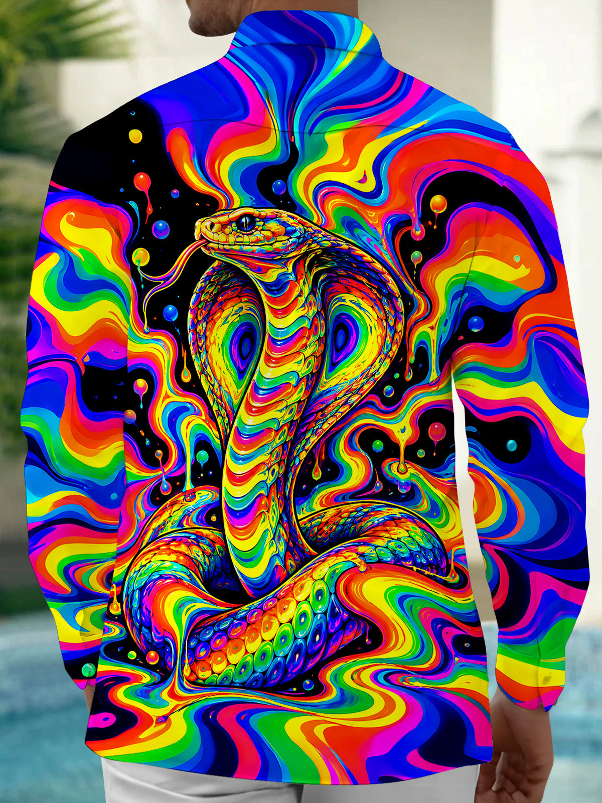 Adaychic Men's Printed Colorful Psychedelic Cobra Print Long Sleeve Shirt with Chest Pocket