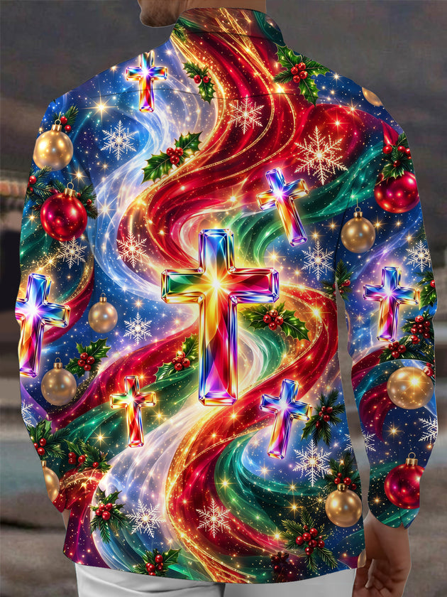 Adaychic Men's Long Sleeve Shirt - Colorful Crystal Crosses And Christmas Ornaments Print with Chest Pocket