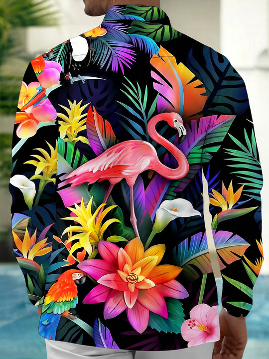 Adaychic Men's Hawaiian Flamingo Print Tropical Flowers Print Long Sleeve Shirt with Chest Pocket