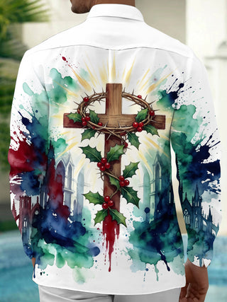 Adaychic Men's Long Sleeve Shirt - Christmas Religious Cross With Crown Of Thorns And Holly Print with Chest Pocket