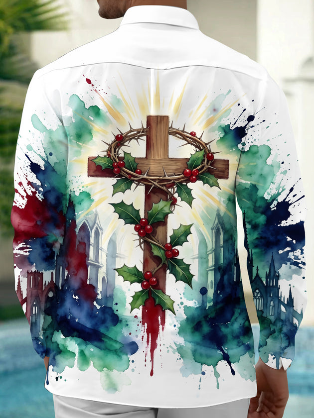 Adaychic Men's Long Sleeve Shirt - Christmas Religious Cross With Crown Of Thorns And Holly Print with Chest Pocket