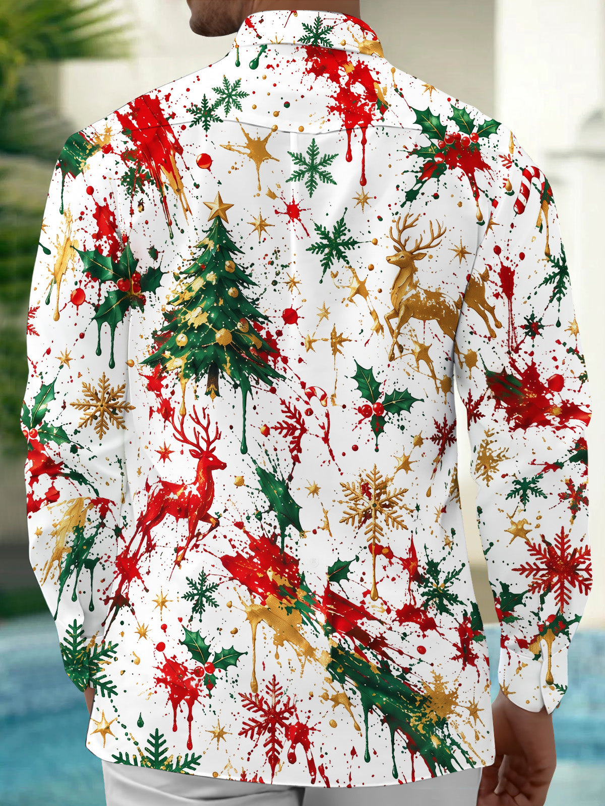 Adaychic Men's Printed Christmas Tree And Reindeer Print Long Sleeve Shirt with Chest Pocket