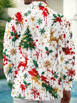 Adaychic Men's Printed Christmas Tree And Reindeer Print Long Sleeve Shirt with Chest Pocket