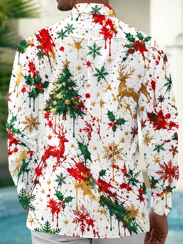 Adaychic Men's Printed Christmas Tree And Reindeer Print Long Sleeve Shirt with Chest Pocket