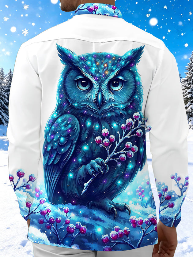 Adaychic Men's Graphic Blue Owl With Snowy Berries Print Long Sleeve Shirt with Chest Pocket