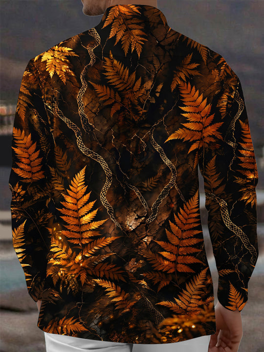 Adaychic Men's Golden Fern Leaves And Snake Skin Pattern Long Sleeve Shirt with Chest Pocket