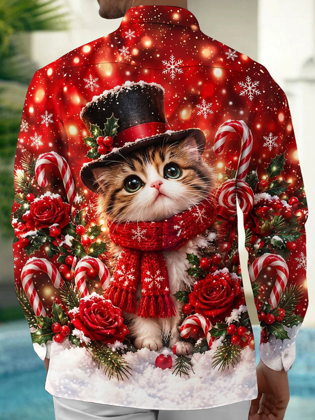 Adaychic Men's Christmas Cat With Top Hat And Scarf Print Long Sleeve Shirt with Chest Pocket
