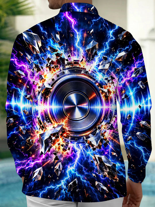 Adaychic Men's Long Sleeve Shirt - 3D Speaker With Lightning And Shattered Crystals Print with Chest Pocket