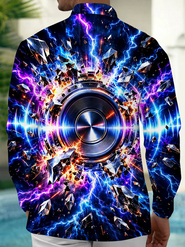 Adaychic Men's Long Sleeve Shirt - 3D Speaker With Lightning And Shattered Crystals Print with Chest Pocket