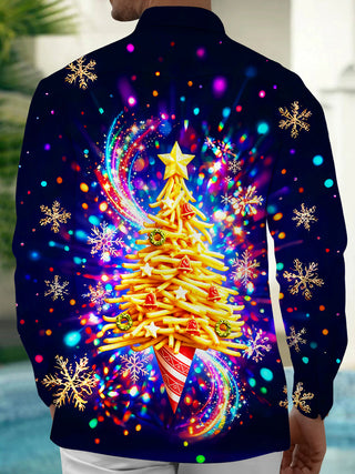 Adaychic Men's Graphic French Fries Christmas Tree Print Long Sleeve Shirt with Chest Pocket