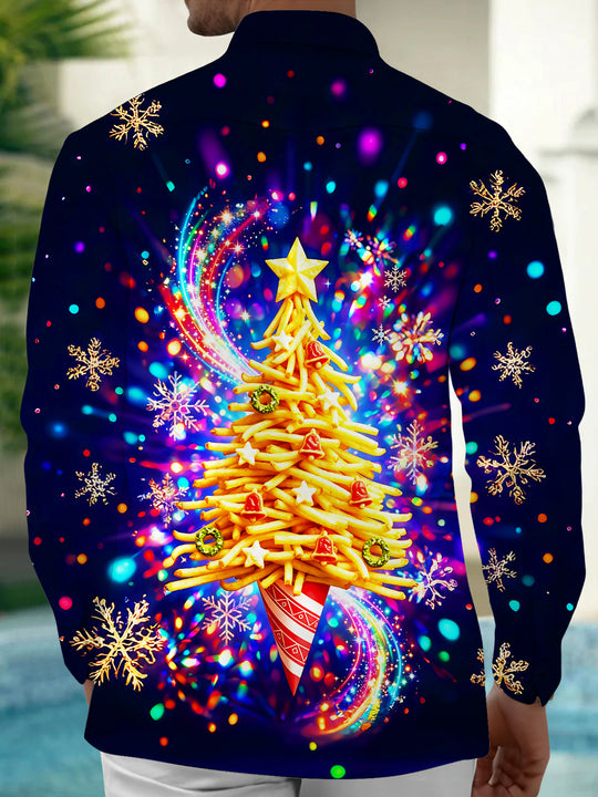 Adaychic Men's Graphic French Fries Christmas Tree Print Long Sleeve Shirt with Chest Pocket