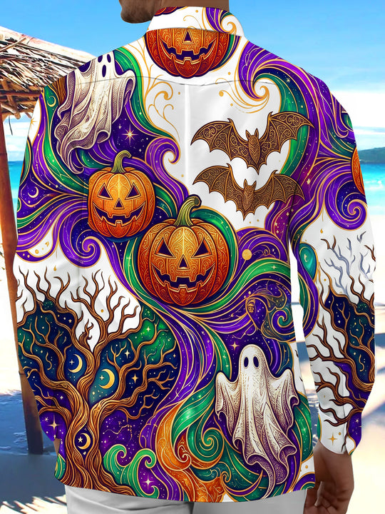 Adaychic Men's Graphic Halloween Pumpkins Print Ghosts Print Long Sleeve Shirt with Chest Pocket