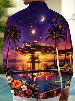 Adaychic Men's Hawaiian UFO Night Sky Print Palm Trees Print Long Sleeve Shirt with Chest Pocket