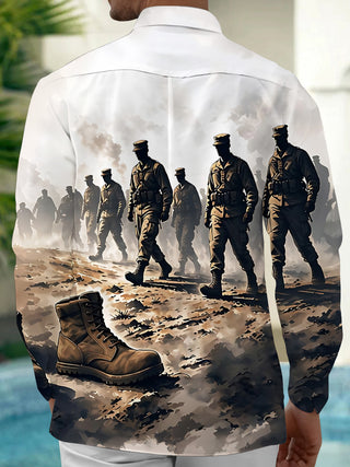 Adaychic Men's Soldiers Walking And Combat Boots Print Long Sleeve Shirt with Chest Pocket