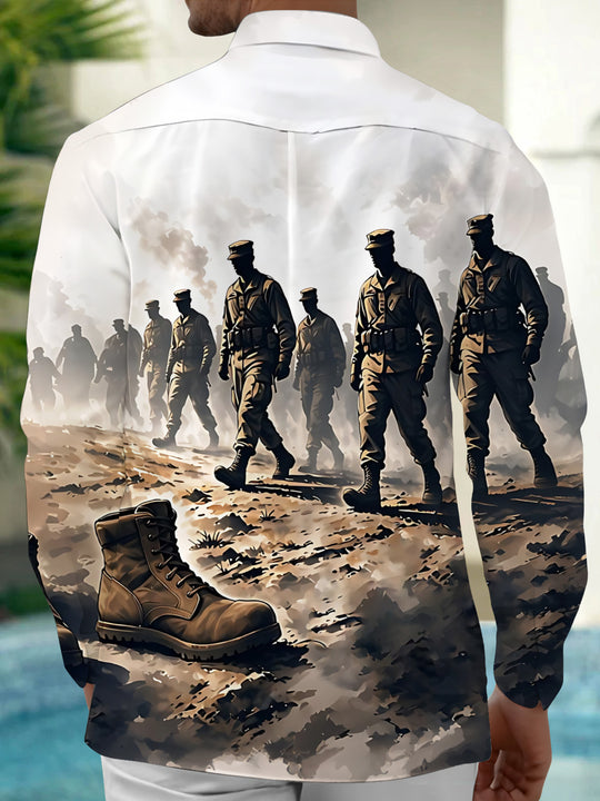 Adaychic Men's Soldiers Walking And Combat Boots Print Long Sleeve Shirt with Chest Pocket