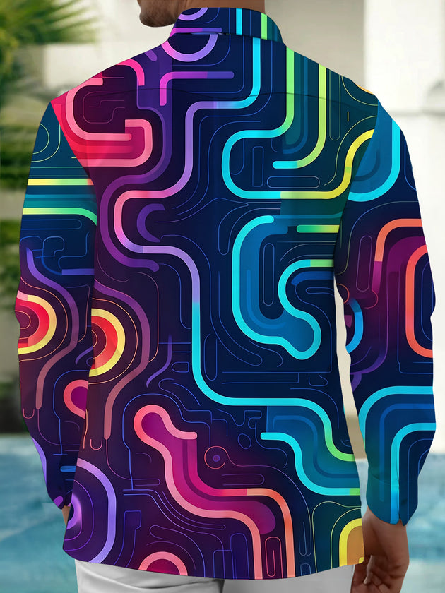 Adaychic Men's Retro Neon Wavy Lines Print Long Sleeve Shirt with Chest Pocket