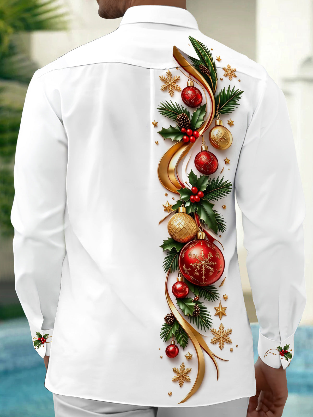 Adaychic Men's Printed Christmas Ornaments And Bells Print Long Sleeve Shirt with Chest Pocket