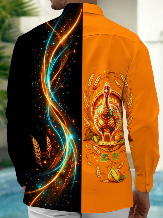 Adaychic Men's Long Sleeve Shirt - Thanksgiving Neon Turkey With Wheat And Pumpkins Print with Chest Pocket