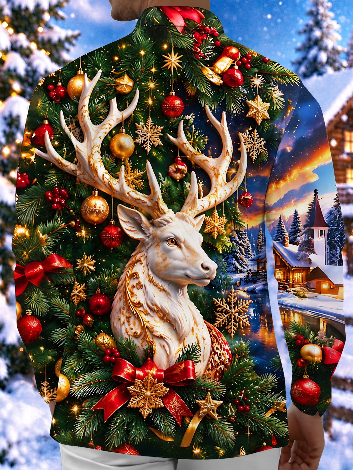 Adaychic Men's Long Sleeve Shirt - Golden White Deer And Christmas Ornaments Print with Chest Pocket