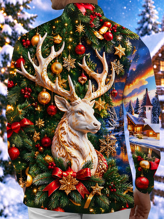 Adaychic Men's Long Sleeve Shirt - Golden White Deer And Christmas Ornaments Print with Chest Pocket