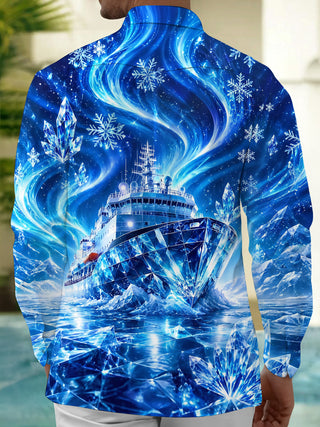 Adaychic Men's Graphic Ice Ship Print Snowflakes Print Long Sleeve Shirt with Chest Pocket