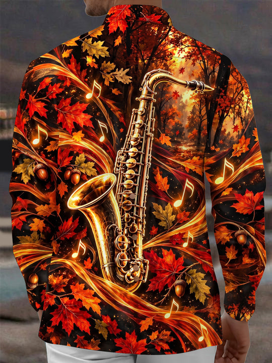 Adaychic Men's Saxophone And Autumn Leaves Print Long Sleeve Shirt with Chest Pocket